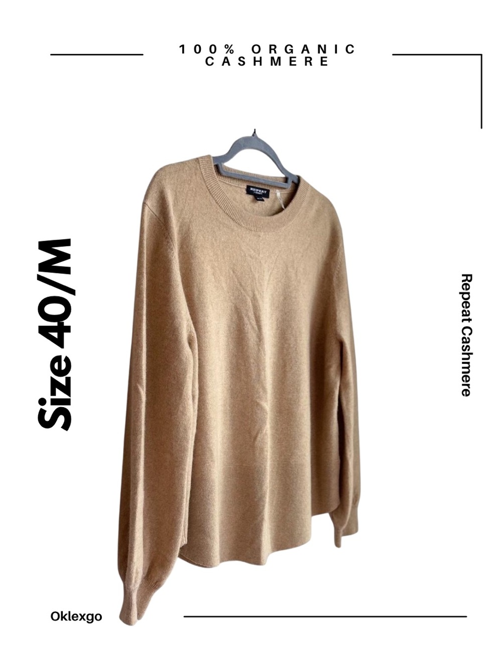 Repeat Cashmere 100% organic cashmere crewneck, camel/tan, size 40/M